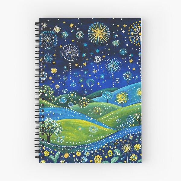 Item preview, Lime Green and Royal Blue Landscape with Yellow Fireworks and Flowers designed and sold by Neika Shimm Designs.