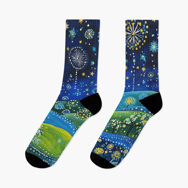 Item preview, Lime Green and Royal Blue Landscape with Yellow Fireworks and Flowers designed and sold by Neika Shimm Designs.