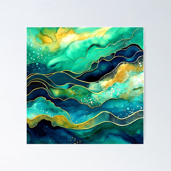 Item preview, Blue, Green And Golden Alcohol Ink Abstract Waves designed and sold by DEC02.