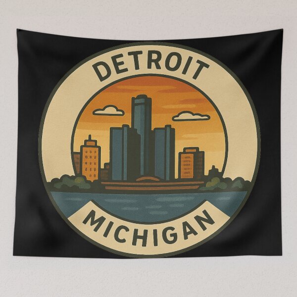 Item preview, Detroit Michigan Skyline Circular Vintage Design designed and sold by American Travels.