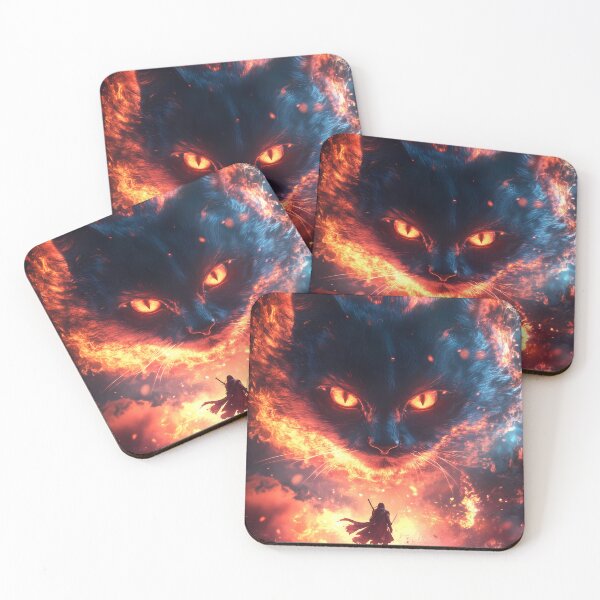 Item preview, Giant Animal Fiery Black Cat Spirit Burning Eyes Facing Blade Wielding Hero designed and sold by mildaclairmo.