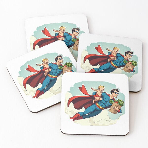Item preview, Superhero Dad Flying with Groceries and Baby – Comic Style Art designed and sold by ebocraft.