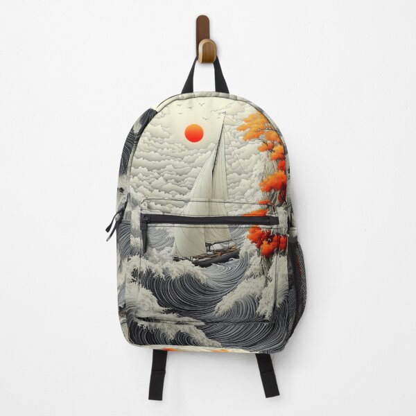 Item preview, Japanese Landscape Sailing Ship Passing Autumn Cliff Beneath Fiery Red Sun designed and sold by mugonneazh.