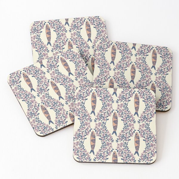 Item preview, Trailing Floral with Sardines pink and blue on pale yellow designed and sold by RRuffieuxStudio.
