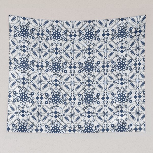 Item preview, Mediterranean tile flowers and sardines blue and white designed and sold by RRuffieuxStudio.