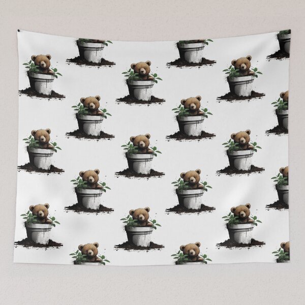 Item preview, tiny brown bear sitting inside a plant tub scattering the soil designed and sold by optimusprime39.