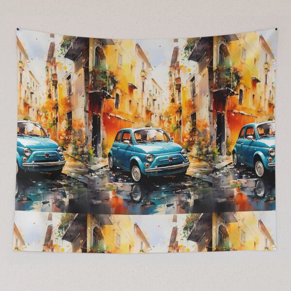 Item preview, Classic City Car Driving Through Colorful Italian Street Scene designed and sold by RevUpDesign.