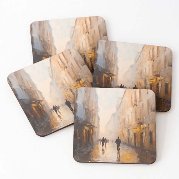 Item preview, Golden Foggy Alleyway – Rainy Cityscape Oil Painting with Silhouetted Figures designed and sold by Blurbean.