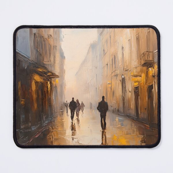 Item preview, Golden Foggy Alleyway – Rainy Cityscape Oil Painting with Silhouetted Figures designed and sold by Blurbean.