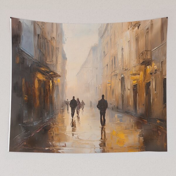 Item preview, Golden Foggy Alleyway – Rainy Cityscape Oil Painting with Silhouetted Figures designed and sold by Blurbean.
