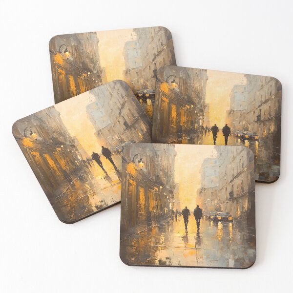 Item preview, Golden Foggy City Street – Impressionist Oil Painting of Figures in Urban Landscape designed and sold by Blurbean.
