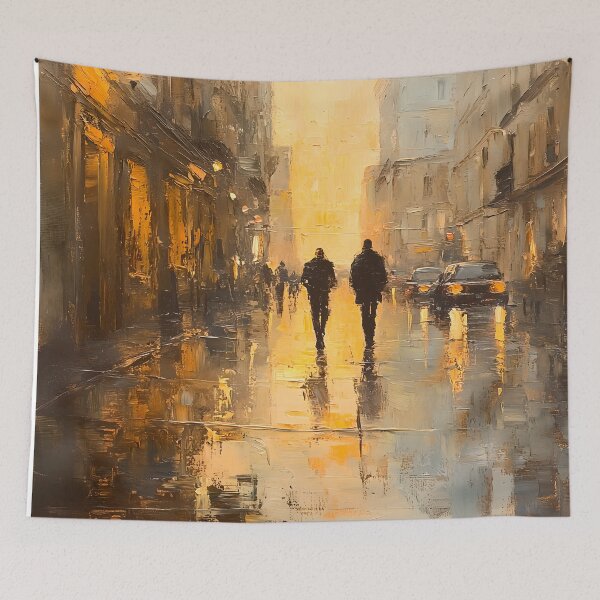 Item preview, Golden Foggy City Street – Impressionist Oil Painting of Figures in Urban Landscape designed and sold by Blurbean.
