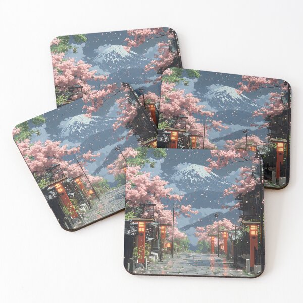 Item preview, Japanese Landscape Tranquil Cherry Blossom Road Below Majestic Snowy Mountain Spring Serenity designed and sold by Cautenjari.