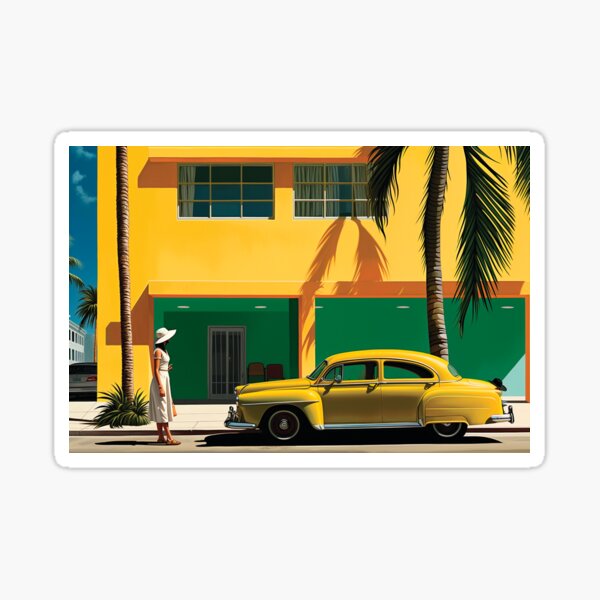 Vintage Miami Scene with Yellow Sunliner Car Sticker
