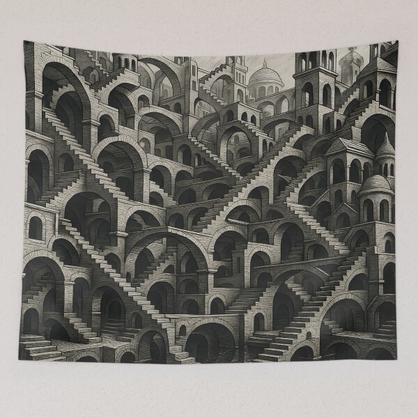 Item preview, Infinite Illusion City – Ultra Detailed M.C. Escher Style Optical Maze | Black & White Impossible Architecture Vector Art designed and sold by WAUZ.