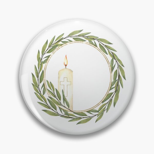 Item preview, Burning candle with golden cross and olive tree branch circle frame. Watercolor religious wreath designed and sold by BartolArt.