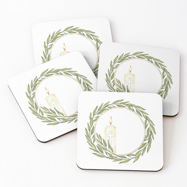 Item preview, Burning candle with golden cross and olive tree branch circle frame. Watercolor religious wreath designed and sold by BartolArt.