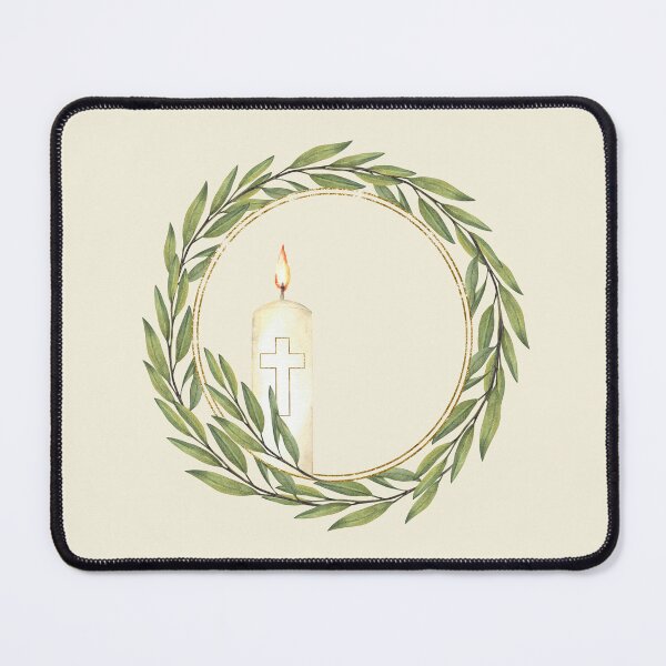 Item preview, Burning candle with golden cross and olive tree branch circle frame. Watercolor religious wreath designed and sold by BartolArt.