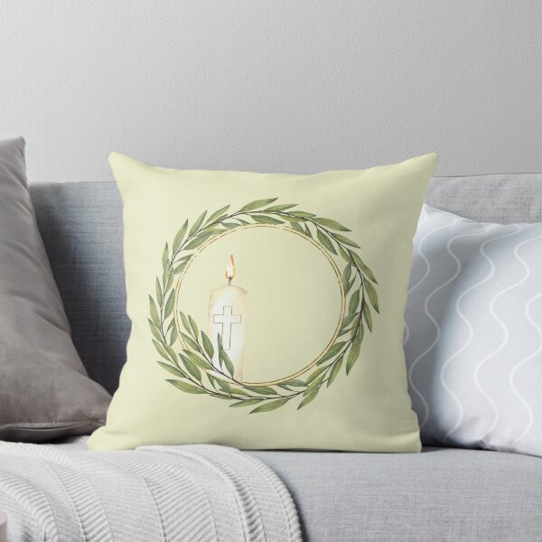 Item preview, Burning candle with golden cross and olive tree branch circle frame. Watercolor religious wreath designed and sold by BartolArt.