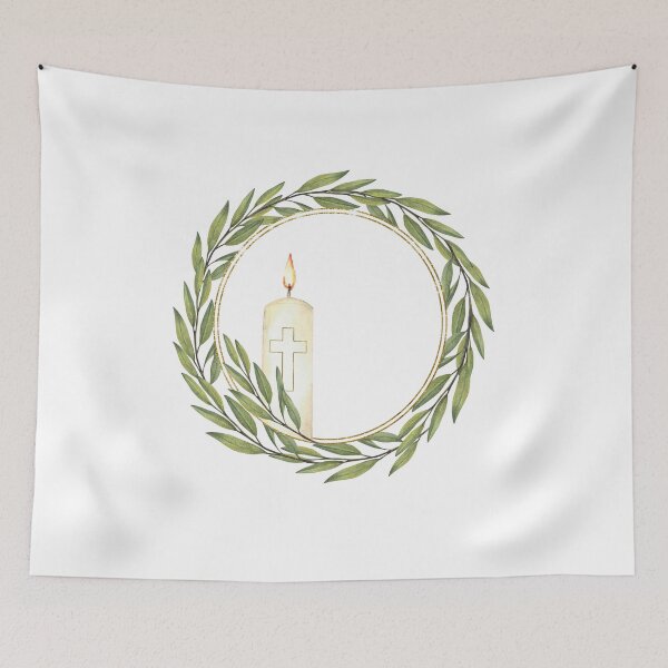 Item preview, Burning candle with golden cross and olive tree branch circle frame. Watercolor religious wreath designed and sold by BartolArt.