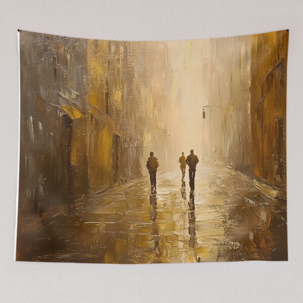 Item preview, Foggy Urban Street Scene – Impressionist Oil Painting of Figures in City designed and sold by Blurbean.