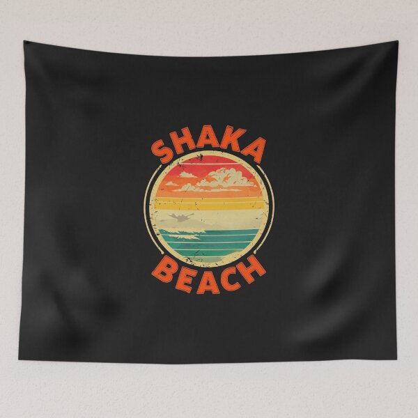 Item preview, Vintage Shaka Beach Scene Graphic with Retro Color Stripes designed and sold by niclothing.