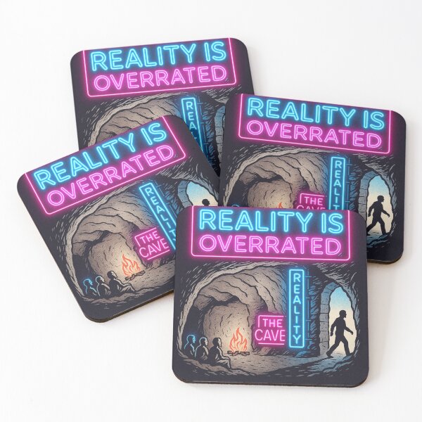 Item preview, Plato’s Cave with neon signs – Caption: “Reality is overrated.” - Philosophy fun gift designed and sold by PHILOSOPHY-SWAG.