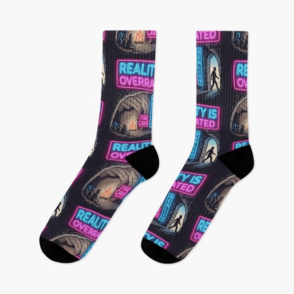 Item preview, Plato’s Cave with neon signs – Caption: “Reality is overrated.” - Philosophy fun gift designed and sold by PHILOSOPHY-SWAG.
