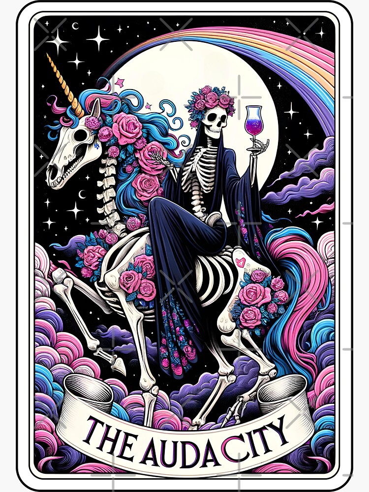 Thumbnail 3 of 3, Sticker, The Audacity Tarot Style Skeleton Unicorn  designed and sold by foxelle84.