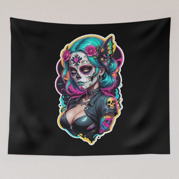 Item preview, Neon Sugar Skull Rebel – Day of the Dead Punk Pin-Up Art designed and sold by Victor Shadehorn.