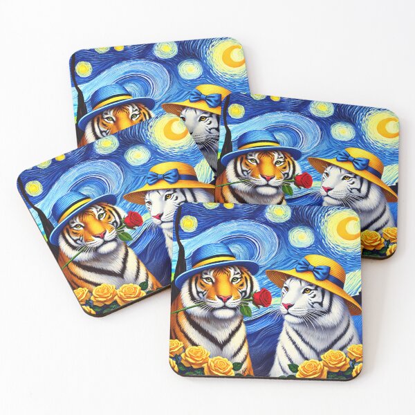 Item preview, Starry Night Tiger Lovers with Yellow Roses – Romantic Wild Art Van Gogh designed and sold by EmeraldeaArt.