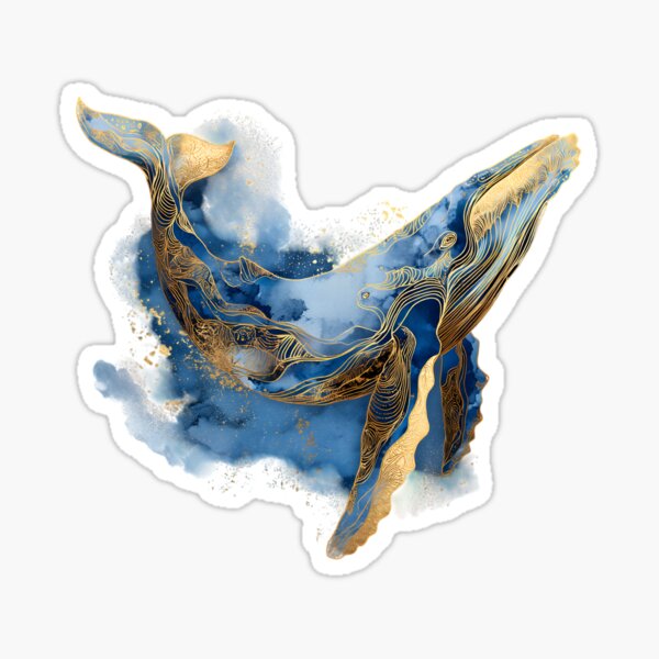Item preview, Название: Golden Humpback Whale Watercolor Art - Blue Ocean Splash designed and sold by Kollibri.