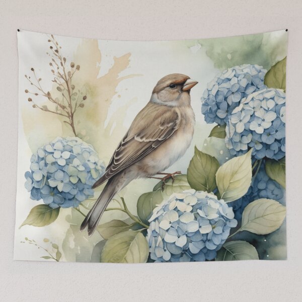 Item preview, Finch on Hydrangea Watercolor designed and sold by WaterBirdArt.