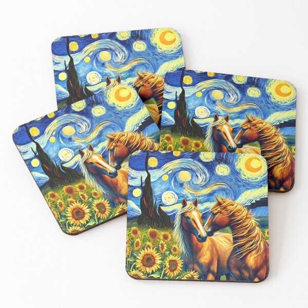 Item preview, Two Brown Horses in Love – Van Gogh Starry Night and Sunflowers Fusion designed and sold by EmeraldeaArt.