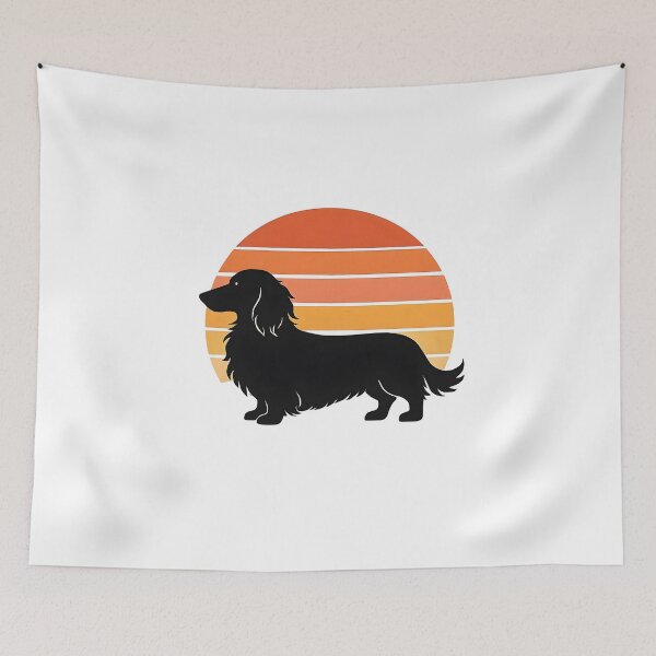 Item preview, Retro Sunset Long-Haired Dachshund Silhouette – Vintage Sausage Dog Design designed and sold by TheLongPaw.