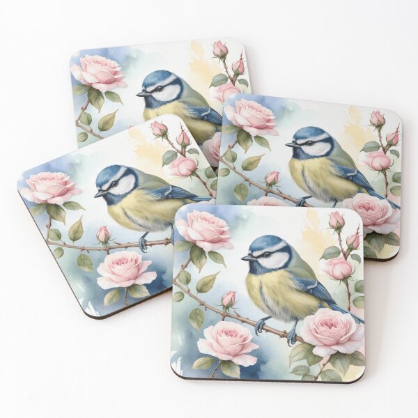 Item preview, Blue Tit on Blooming Rose Bush Watercolor designed and sold by WaterBirdArt.