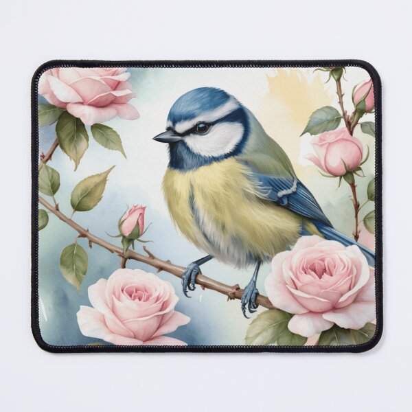 Item preview, Blue Tit on Blooming Rose Bush Watercolor designed and sold by WaterBirdArt.
