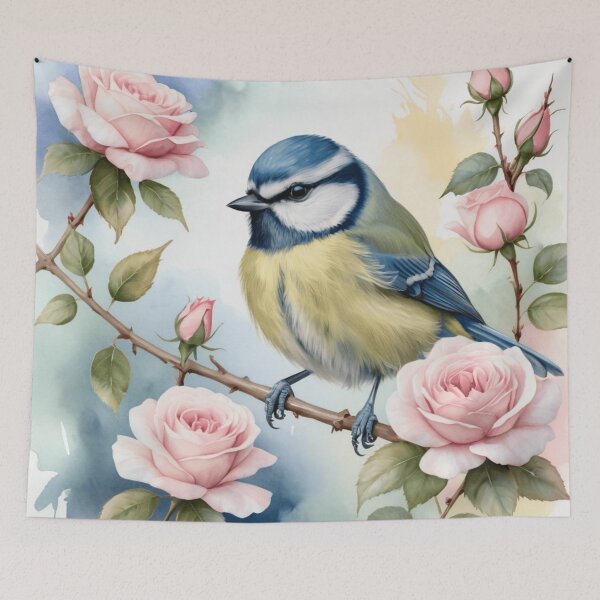 Item preview, Blue Tit on Blooming Rose Bush Watercolor designed and sold by WaterBirdArt.