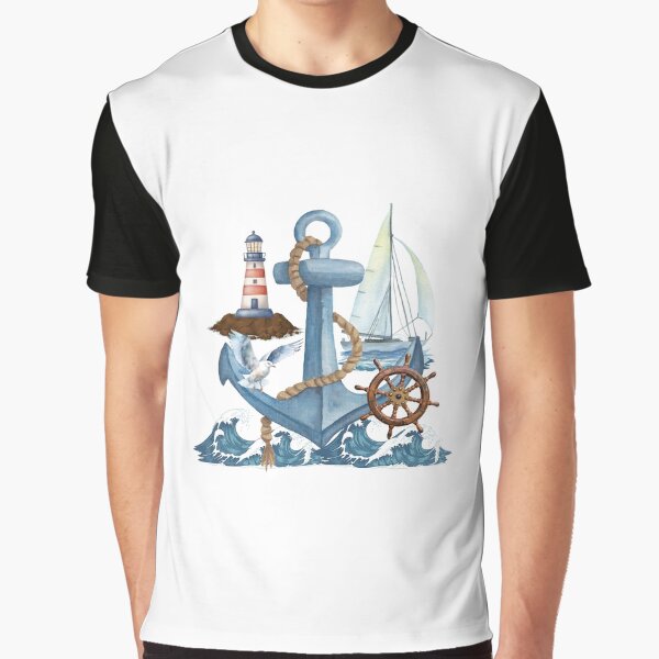 Aperçu de l'œuvre Ancre marine ave vagues, gouvernail, mouette, phare et voilier  créée et vendue par Design Shop.