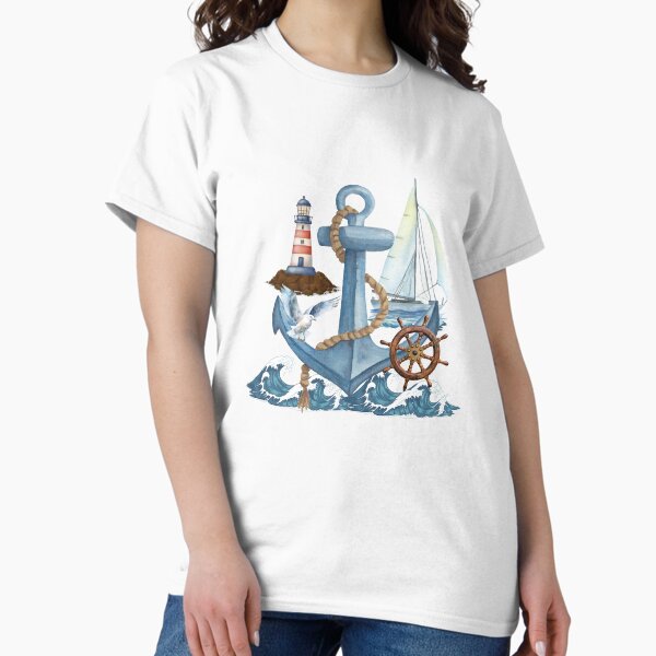 Aperçu de l'œuvre Ancre marine ave vagues, gouvernail, mouette, phare et voilier  créée et vendue par Design Shop.