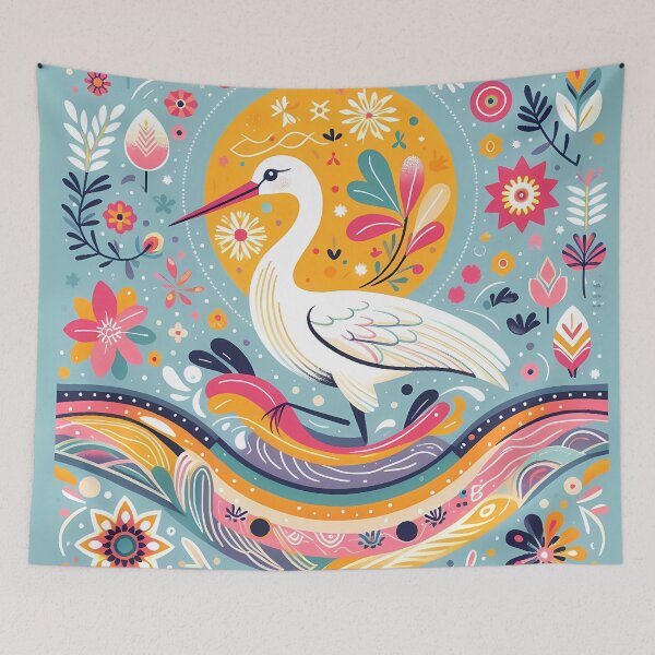 Item preview, Elegant Heron in a Whimsical Landscape - Scandinavian Folk Art by heidiannemorris © designed and sold by FOLK ART FUSION by heidiannemorris.