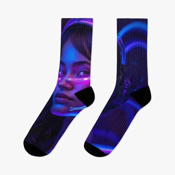 Item preview, Neon Blue and Purple Cosmic Cybernetic Woman — Futuristic Digital Art designed and sold by ArtiQreate.