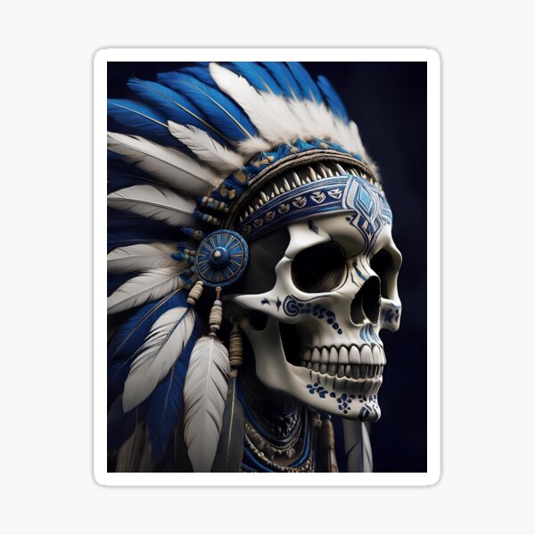 Item preview, Intricate Ceramic Skull with Feathered Headdress - Tribal Art in Blue and White designed and sold by lojajohns.