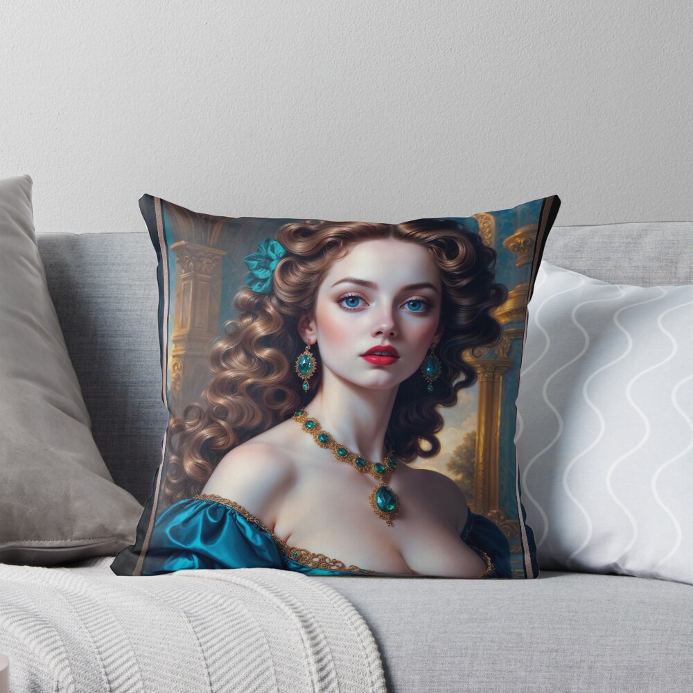 Mesmerizing Portrait Of Matera Veridia In Teal Silk And Gold Embroidery AI Concept Art by Xzendor7 3 Mesmerizing Portrait Of Matera Veridia In Teal Silk And Gold Embroidery Enthralling AI Concept Art by Xzendor7 Decorative Art Print Throw Pillow