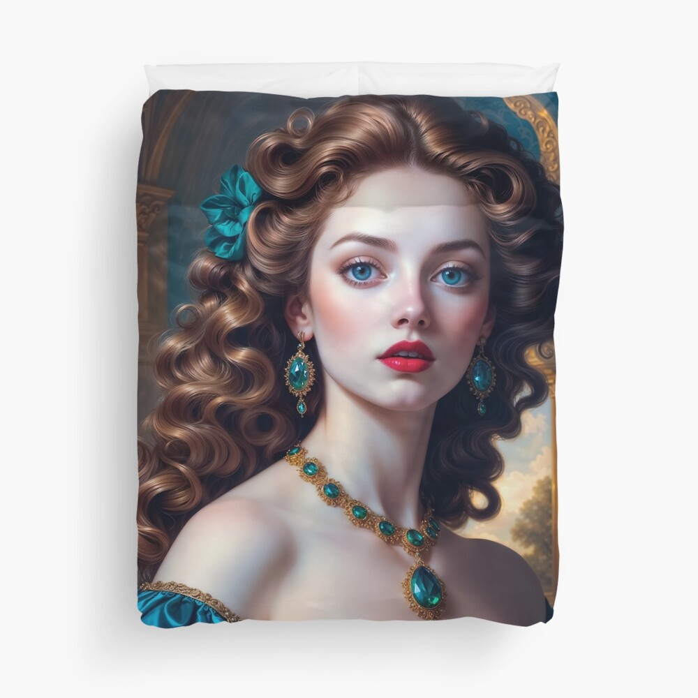 Mesmerizing Portrait Of Matera Veridia In Teal Silk And Gold Embroidery AI Concept Art by Xzendor7 4 Mesmerizing Portrait Of Matera Veridia In Teal Silk And Gold Embroidery Enthralling AI Concept Art by Xzendor7 Decorative Art Print Duvet Cover