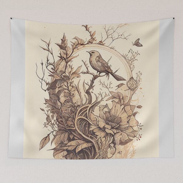 Item preview, Woodland Perch: Vintage Bird and Botanical Vignette designed and sold by ShadowAndSlate.