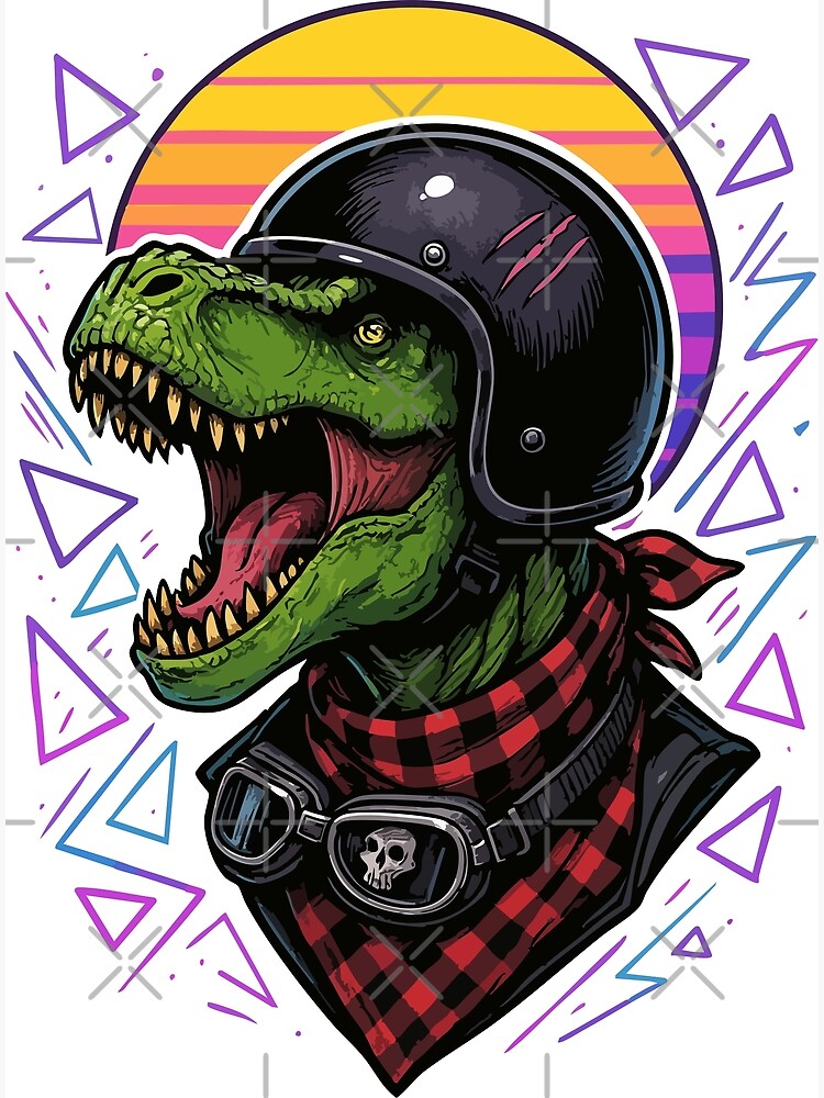 Retro Biker Tyrannosaurus Rex Dinosaur In Helmet