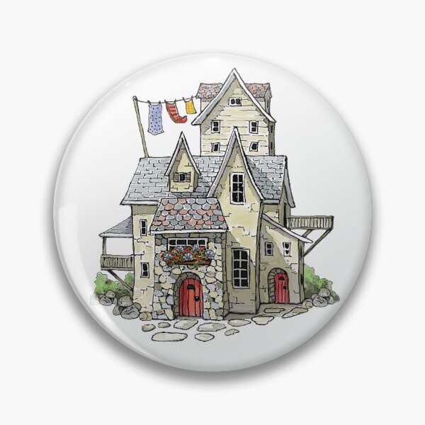 Item preview, Fantasy House with Line of Laundry, Wonky Building Illustration designed and sold by JoyfulWhimsy.
