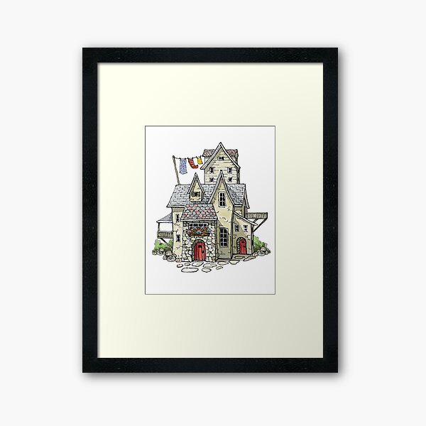 Item preview, Fantasy House with Line of Laundry, Wonky Building Illustration designed and sold by JoyfulWhimsy.