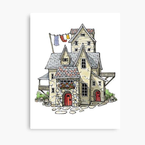 Item preview, Fantasy House with Line of Laundry, Wonky Building Illustration designed and sold by JoyfulWhimsy.